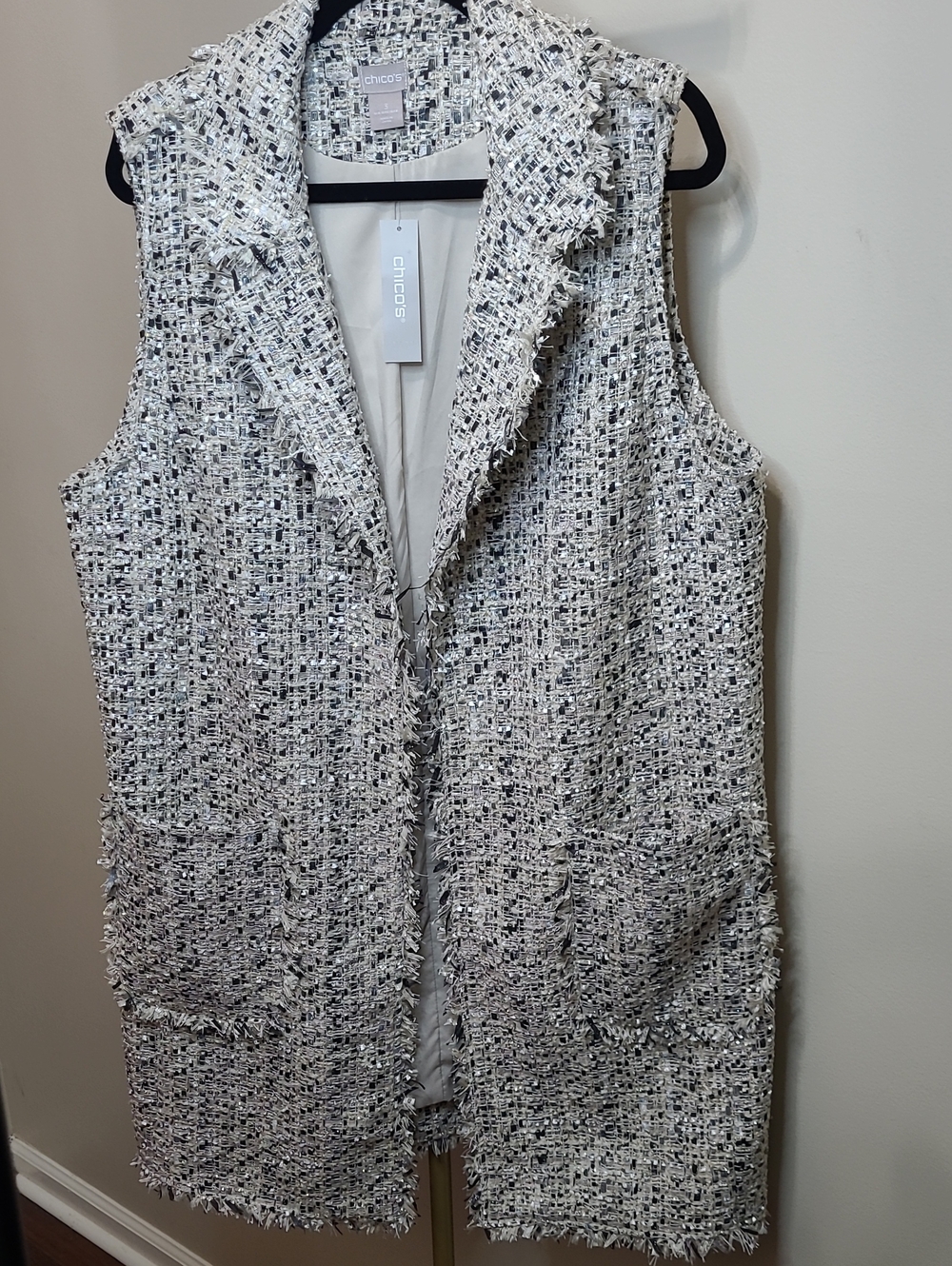 Chico's Tweed Elongated Open Front Cream/Black Vest - Fringe & Sparkles - 3 (XL)